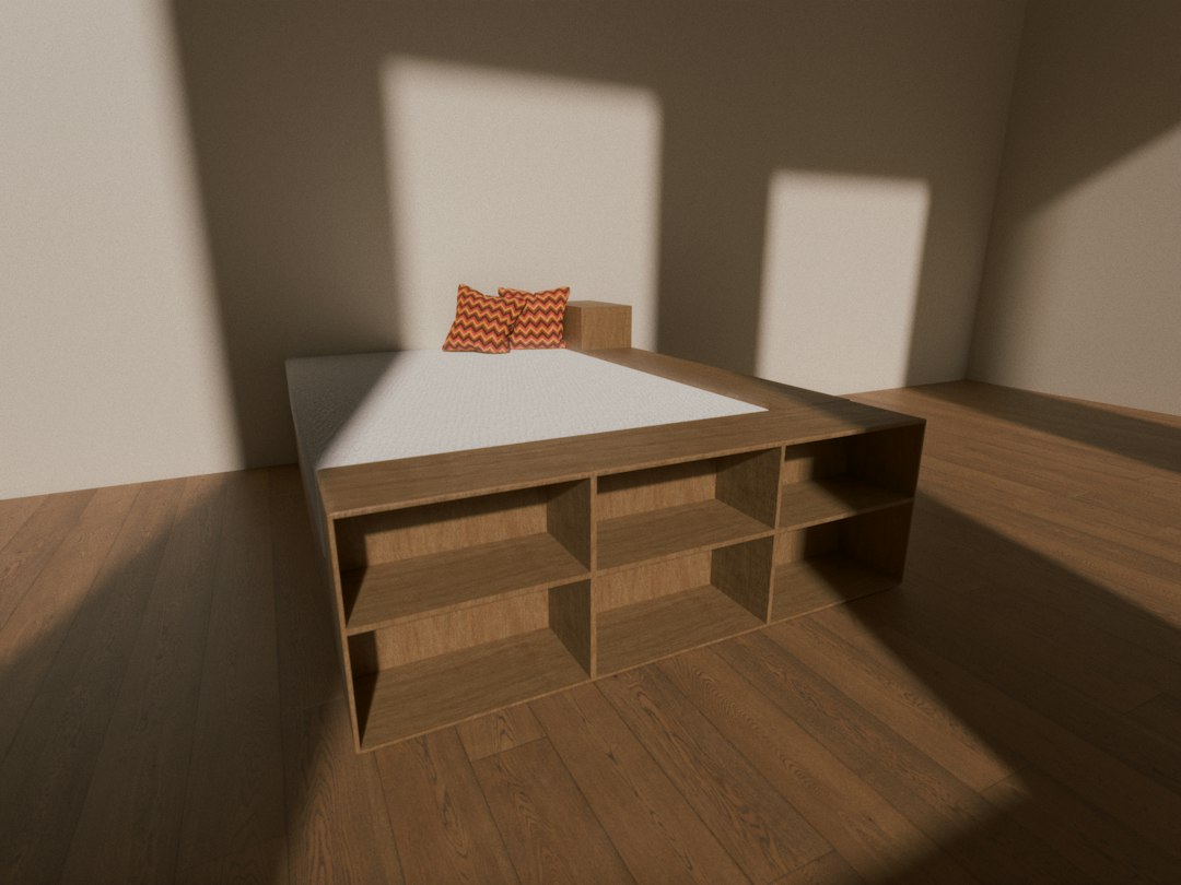 A modern bed with striped pillows in a sunlit room
